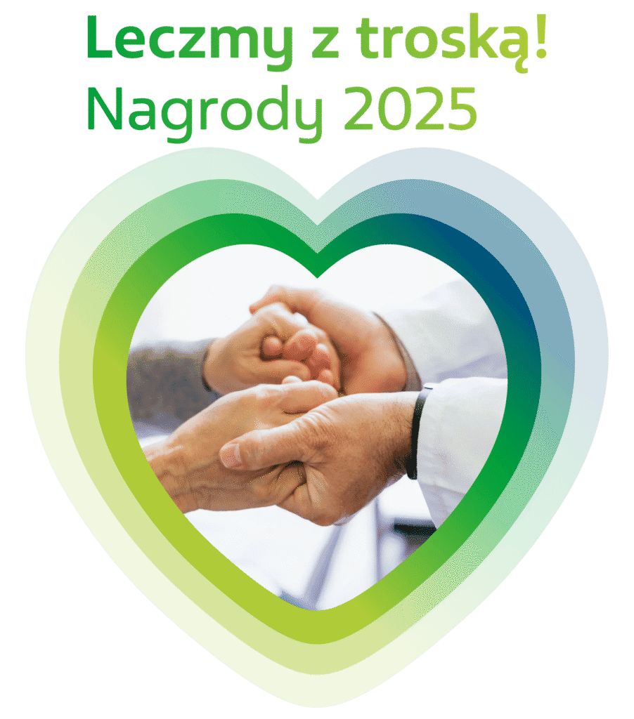 Baner z napisem "Leczmy z troską! Nagrody 2025" oraz symbolem serca, w którego wnętrzu znajduje się zdjęcie dłoni dwóch osób stojących naprzeciw siebie i trzymających się za ręce. Ujęcie rąk symbolizuje zaufanie, wsparcie i relację lekarz–pacjent.