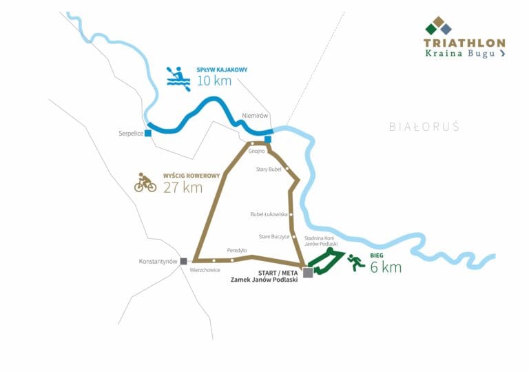 Mapa przedstawiająca trasę Triathlonu Kraina Bugu: 10 km kajakiem po rzece, 27 km pętlą rowerową i 6 km biegiem, ze startem i metą w Zamku Janów Podlaski.