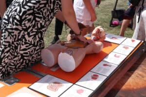 Plansza ze zdjęciami i opisem narządów wewnętrznych człowieka. Na niej dydaktyczny model anatomiczny, do którego widoczna częściowo na zdjęciu kobieta wkłada plastikowy model narządu