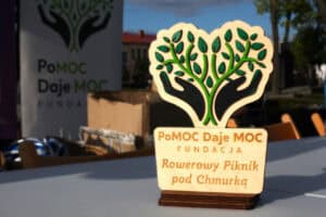 Na pierwszym planie drewniana statuetka Fundacji Pomoc Daje Moc. Statuetka ma kształt serca, u jego postawy rozłożone czarne dłonie, z których wyrasta drzewo o zielonych gałęziach i liściach. Z lewej w tle baner Fundacji