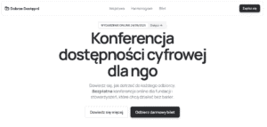 Zrzut ekranu strony internetowej dot. wydarzenia online „Konferencja dostępności cyfrowej dla ngo” z datą i przyciskami, dzięki którym możesz dowiedzieć się więcej lub otrzymać bezpłatny bilet.