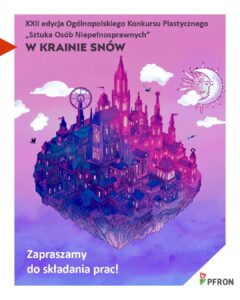 Ilustracja przedstawiająca fantastyczne, unoszące się w chmurach miasto. Widać w nim strzeliste zamki, diabelski młyn oraz słońce i księżyc na niebie