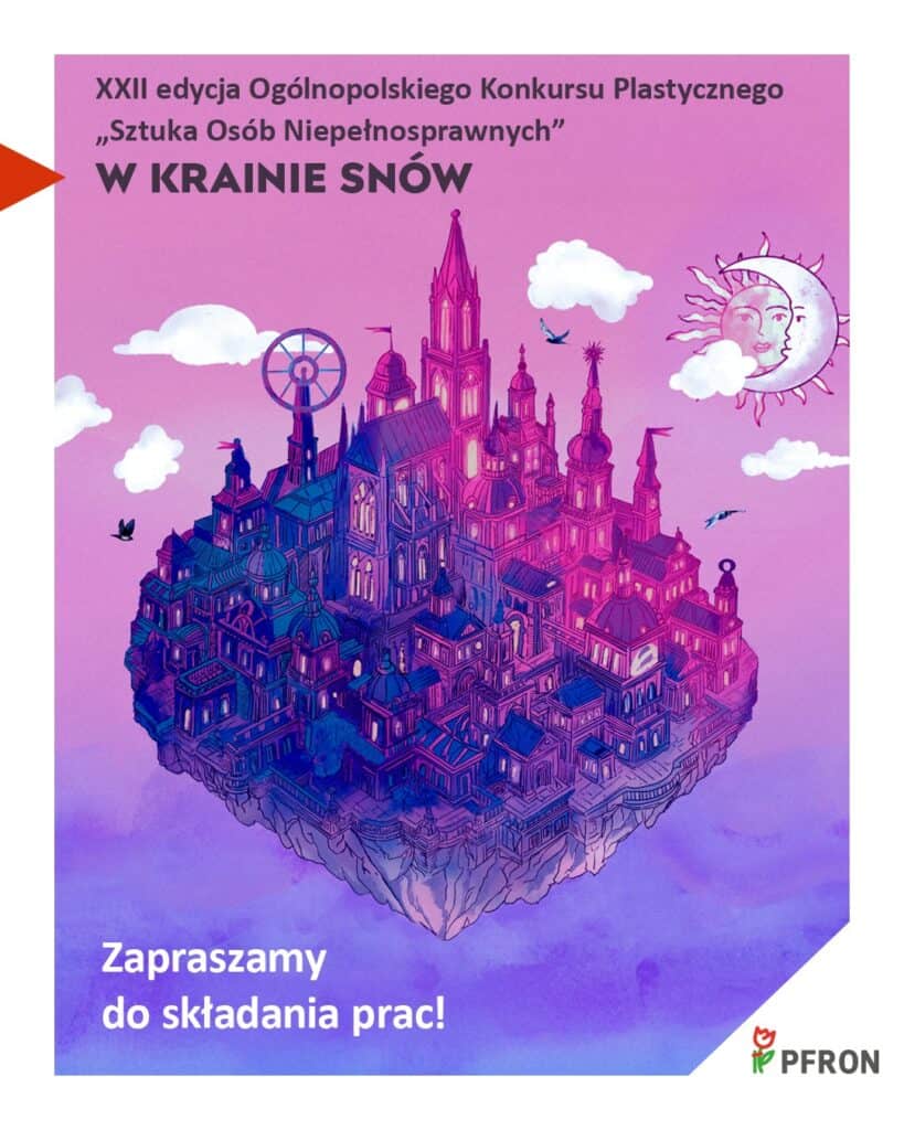 Ilustracja przedstawiająca fantastyczne, unoszące się w chmurach miasto. Widać w nim strzeliste zamki, diabelski młyn oraz słońce i księżyc na niebie