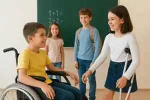 Czwórka dzieci stoi i uśmiecha się w klasie. Jedno porusza się na wózku inwalidzkim, drugie o kulach. W tle widać tablicę z prostymi równaniami matematycznymi.