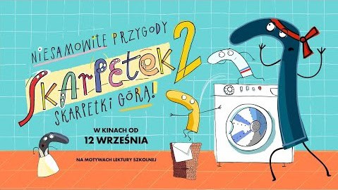 Animowany plakat filmowy pt. „Niesamowite Przygody Skarpetek 2” przedstawiający ilustrowane skarpetki wokół pralki
