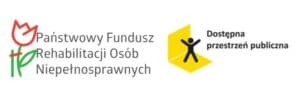 Logo Państwowego Funduszu Rehabilitacji Osób Niepełnosprawnych przedstawiające czerwony tulipan oraz Logo Dostępnej Przestrzeni Publicznej z czarną figurą postaci na żółtym tle.