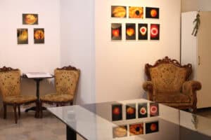 Wnętrze pomieszczenia z wystawą fotograficzną i meblami w stylu antycznym. Na prawej ścianie wisi układ oprawionych zdjęć w dwóch rzędach, przedstawiających abstrakcyjne, świetliste przekroje owoców w intensywnych barwach czerwieni, pomarańczu i żółci. Przy tej ścianie stoi rzeźbiony fotel w stylu barokowym, obity wzorzystą, musztardową tkaniną. Na lewej ścianie wiszą trzy oprawione zdjęcia (dwa w dolnym rzędzie i jedno w górnym) z motywem piór i organicznych kształtów. Obok nich stoją dwa pasujące krzesła i mały, okrągły stolik. Na pierwszym planie widoczny jest duży, prostokątny stół z błyszczącym, szklanym blatem, w którym odbijają się fotografie z prawej ściany