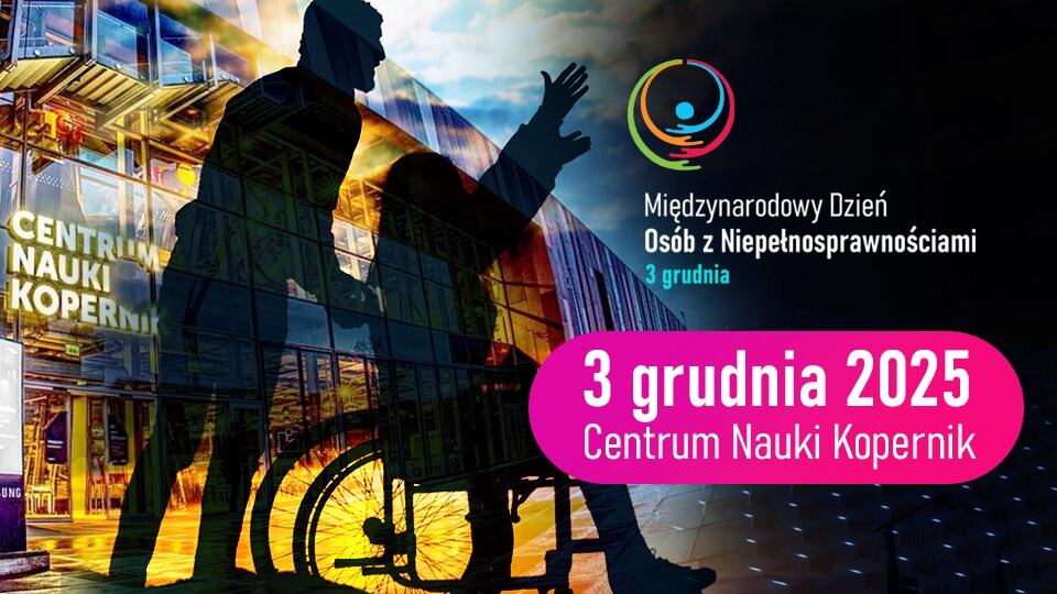Grafika promocyjna z okazji Międzynarodowego Dnia Osób Niepełnosprawnych, przedstawiająca sylwetkę osoby na wózku inwalidzkim oraz jej asystenta pchającego wózek. W tle znajduje się szklany budynek.