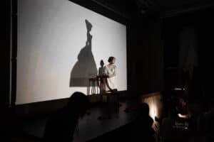 Cała sala pogrążona jest w ciemności, oświetlona jedynie biała ściana z sylwetką kobiety w długiej sukni. Przed sceną młodzi uczestnicy tworzą teatr cieni na białym materiale obramowanym ozdobną ramą