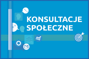 Baner ilustrujący konsultacje społeczne. Niebieskie tło, kontury głowy, dymki przedstawiające rozmowę