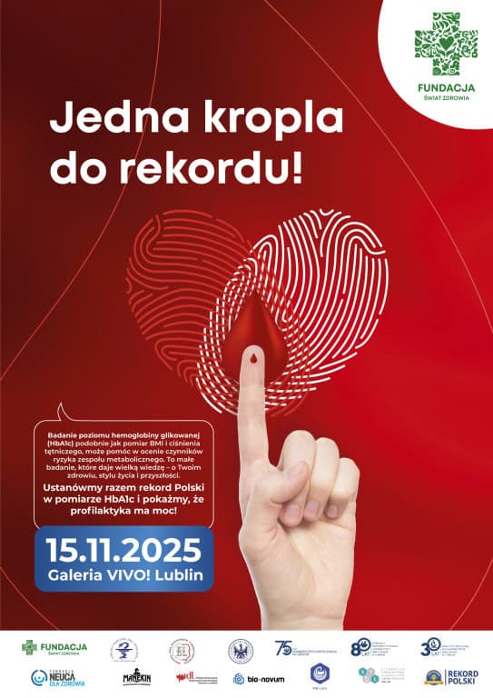 Plakat z czerwonym tłem i napisem „Jedna kropla do rekordu!”. W centralnej części widoczny jest palec z kroplą krwi oraz grafika odcisku palca. Na dole znajduje się informacja o wydarzeniu: „15.11.2025, Galeria VIVO! Lublin” oraz logotypy organizatorów i partnerów.