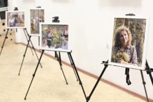 Ujęcie statywów z profilu. Na pierwszym planie portret uśmiechniętej kobiety z kręconymi włosami, która trzyma bukiet żółtych, polnych kwiatów. W tle widać kolejne fotografie przedstawiające kobiety w lesie i na łące. Wszystkie są wyeksponowane na tle jasnej ściany.