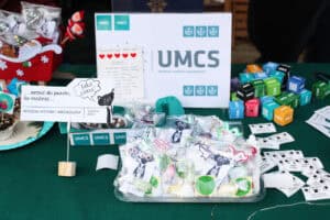 Centralnym elementem stoiska, pokrytego ciemnozielonym obrusem, jest duża, biała tablica Wydziału Historii i Archeologii UMCS. Wokół leżą przezroczyste woreczki wypełnione słodyczami z etykietami z czarno-białymi rysunkami. Na stole widoczna jest karteczka z dymkiem z kotem mówiącym „Jaka cena?" i informacją o zbiórce do puszki.