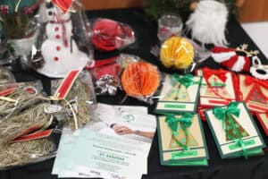 Zbliżenie na stół z rękodziełem: świąteczne kartki z motywem choinki, ozdobne bombki z papieru, woreczki z siankiem oraz ulotki informacyjne z numerem telefonu i logotypami MOPR oraz Lublin Miasto Inspiracji.