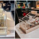 Kolaż dwóch zdjęć puszki wykonanej z transparentnego materiału, służącej do zbierania środków pieniężnych w restauracjach McDonald