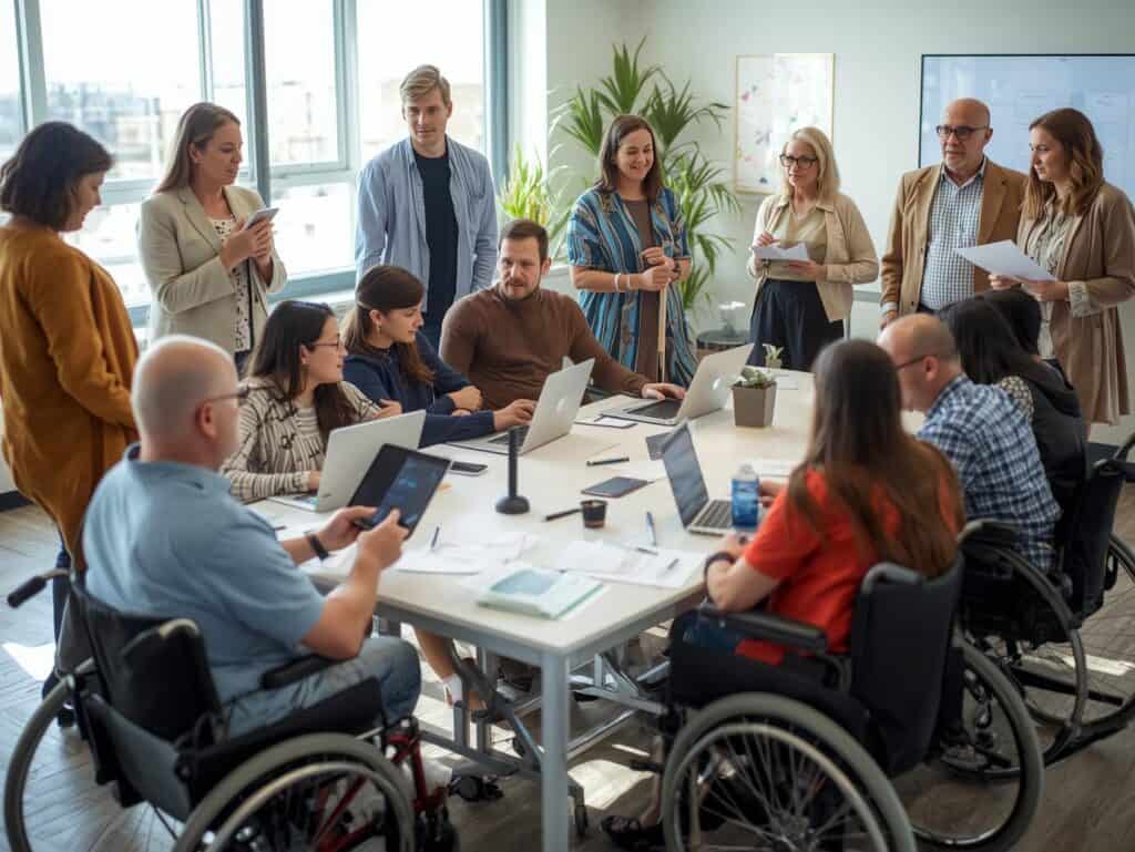 W jasnej sali biurowej wokół stołu zgromadziła się kilkunastoosobowa grupa osób obu płci. Część uczestników stoi a część siedzi na wózkach inwalidzkich. Korzystają z laptopów, tabletów i notatek, które znajdują się na stole przed nimi.