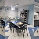 Kolaż trzech zdjęć z wnętrza Pracowni Czynności Dnia Codziennego. Widać aneks kuchenny z pralką, zlewem i lodówką, stół z krzesłami oraz sofę i kredens