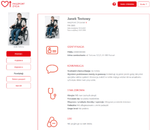 Widok przykładowego paszportu Janka Testowego na poziomie I; zawiera informacje dot. identyfikacji, komunikacji, stanu zdrowia, leków