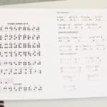 Biała karta formatu A4 leży na jasnym blacie. Zawiera materiały edukacyjne do nauki Braille’a. Po lewej alfabet oraz cyfry opisane są czarnym drukiem a poniżej odpowiadający im układ sześciu kropek (znak brajlowski). Po prawej ćwiczenia praktyczne do uzupełnienia – zagadki „Jaki to owoc?”, „Jakie to warzywo?” oraz „Jakie to miasto?”.