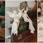 Kolaż 3 zdjęć z wykonywania figur aniołów metodą utwardzania tkanin Paverpol/Powertex. 1) Osoba w niebieskich rękawiczkach pracuje przy figurze anioła. 2) Na stosie starych walizek siedzą dwie gotowe białe figury aniołów. 3) Na stole stoi biały anioł z rozłożystymi skrzydłami