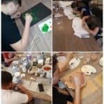 Kolaż 4 zdjęć z wnętrza "Pracowni Rękodzieła u Małgosi". Uczestnicy przy dużym drewnianym stole wykonują różne prace rękodzielnicze: malują, ozdabiają koszulki, odciskają masę plastyczną i zdobią ceramikę.