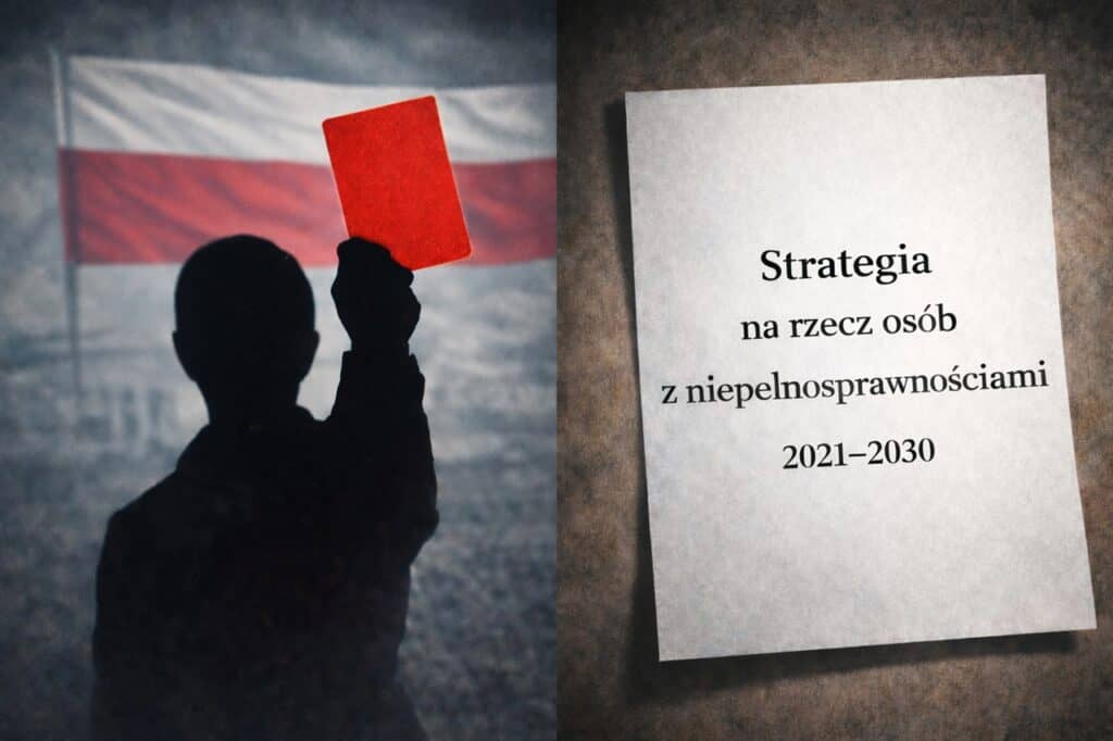 Czarny cień człowieka trzymającego czerwoną kartkę po lewej, w tle biało-czerwona flaga Polski, po prawej biała kartka z napisem "Strategia na rzecz osób z niepełnosprawnościami 2021-2030".