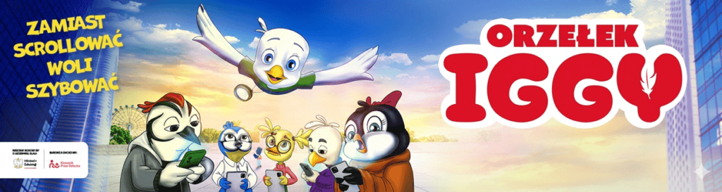 Grafika promująca „Orzełek Iggy”. Na dole pięć różnych ptaków stoi w rzędzie, wpatrując się w ekrany swoich smartfonów. Nad nimi, na tle słonecznego nieba i nowoczesnego miasta z wieżowcami, szybuje radosny biały orzełek z lupą na szyi. Po lewej stronie napis: „Zamiast scrollować woli szybować”, a po prawej duży tytuł: „Orzełek Iggy”. W dolnym rogu widoczne logotypy Ministerstwa Edukacji oraz Rzecznika Praw Dziecka