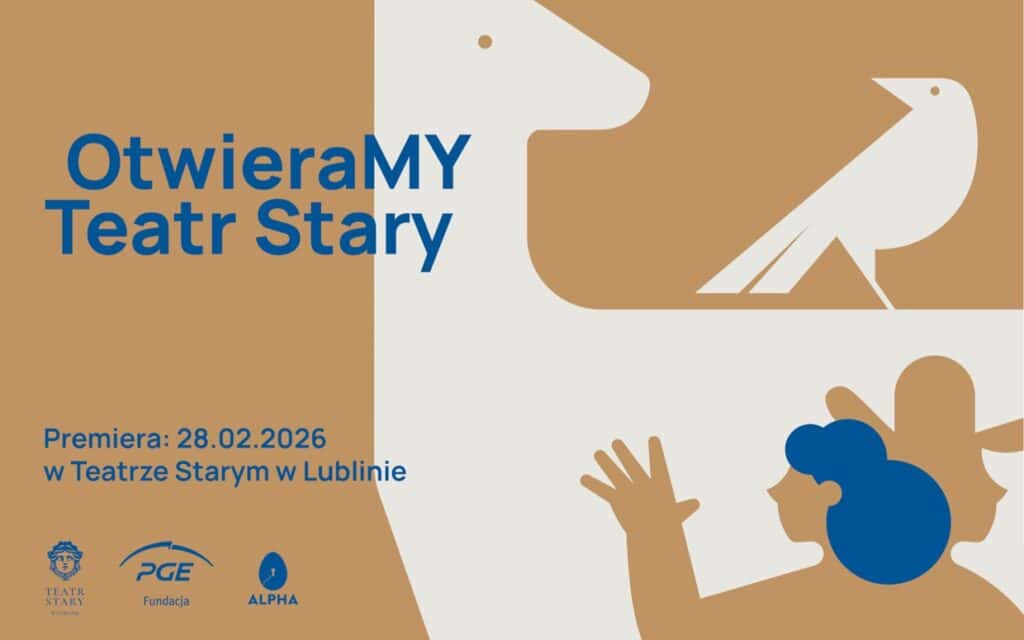 Grafika promująca wydarzenie przedstawiająca białą sylwetkę zwierzęcia (przypominającą konia lub psa) na beżowym tle, obok której widnieje biały ptak. W dolnej części widać beżowe sylwetki postaci, z których jedna ma niebieskie włosy.