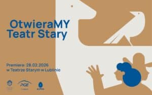 Grafika promująca wydarzenie przedstawiająca białą sylwetkę zwierzęcia (przypominającą konia lub psa) na beżowym tle, obok której widnieje biały ptak. W dolnej części widać beżowe sylwetki postaci, z których jedna ma niebieskie włosy.