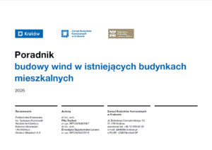 Okładka poradnika „Budowy wind w istniejących budynkach mieszkalnych”, rok 2025. Na górze logotypy: Miasta Krakowa, Zarządu Budynków Komunalnych w Krakowie oraz Politechniki Krakowskiej. Na dole informacje o autorach, jednostce opracowującej oraz dane kontaktowe ZBK w Krakowie