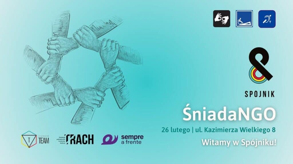 Grafika informacyjna wydarzenia „ŚniadaNGO w Spójniku”. Na błękitnym tle widnieje rysunek sześciu dłoni splecionych w krąg oraz logotypy organizatorów.