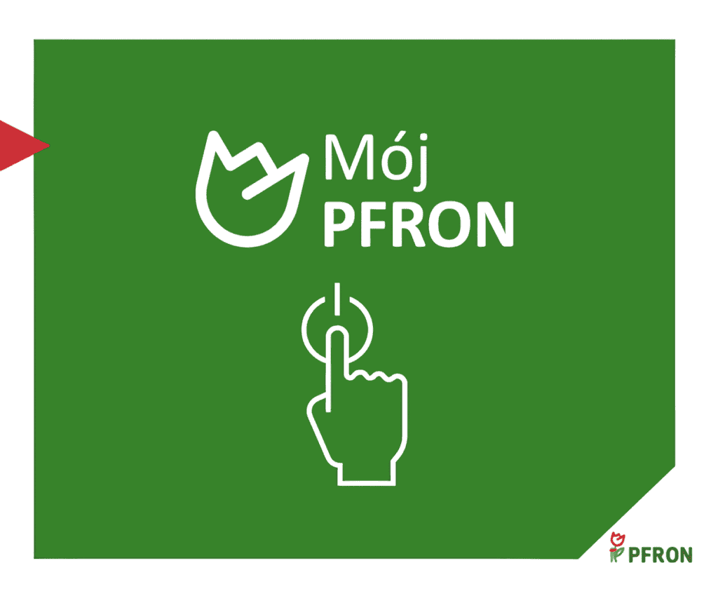 Grafika na zielonym tle z napisem „Mój PFRON” oraz ikoną dłoni naciskającej przycisk.
