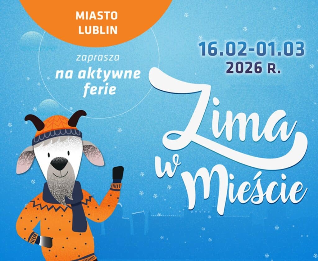 Na grafice dominuje kolor niebieski, który jest w tle. W prawym dolnym rogu znajduje się nazwa akcji. W lewym dolnym rogu jest Koziołek, ubrany w pomarańczowy strój zimowy.