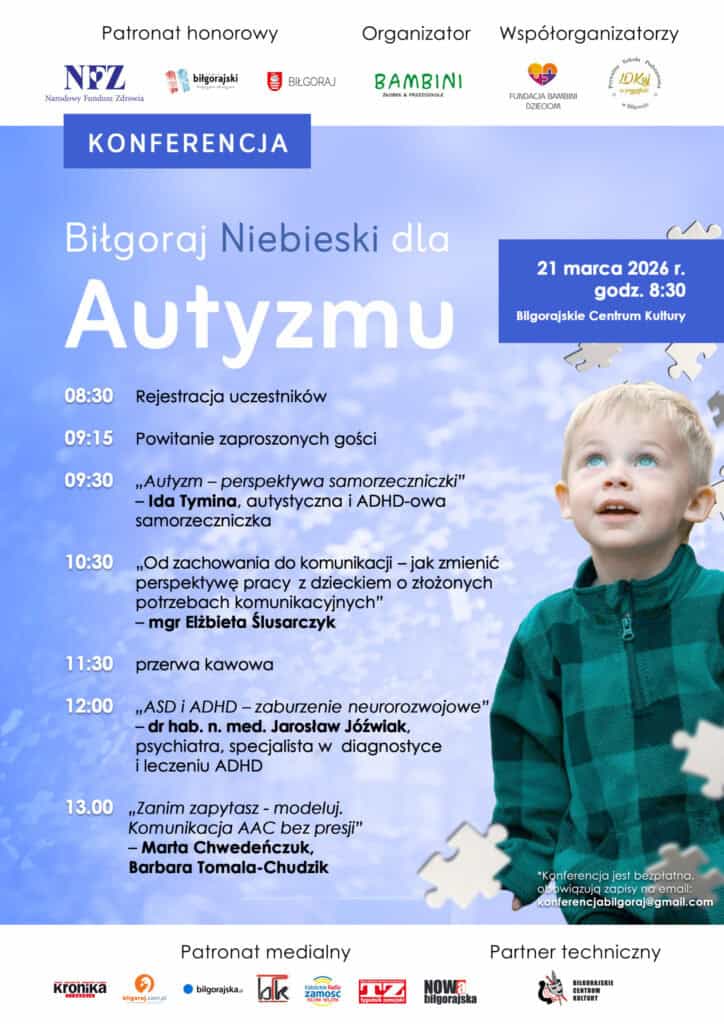 Plakat z pełnym programem konferencji 'Biłgoraj Niebieski dla Autyzmu'. Szczegółowy harmonogram znajduje się w treści artykułu.