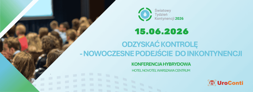 Baner konferencji hybrydowej „Odzyskać kontrolę – nowoczesne podejście do inkontynencji” w ramach Światowego Tygodnia Kontynencji 2026. Data: 15.06.2026, Hotel Novotel Warszawa Centrum. Organizator: UroConti