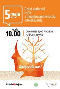 Plakat promujący wydarzenie. Grafika zawiera hasło „Dołącz do nas!”, hashtag #LublinNieHejtuje oraz stylizowany profil ludzkiej głowy z motywem drzewa.
