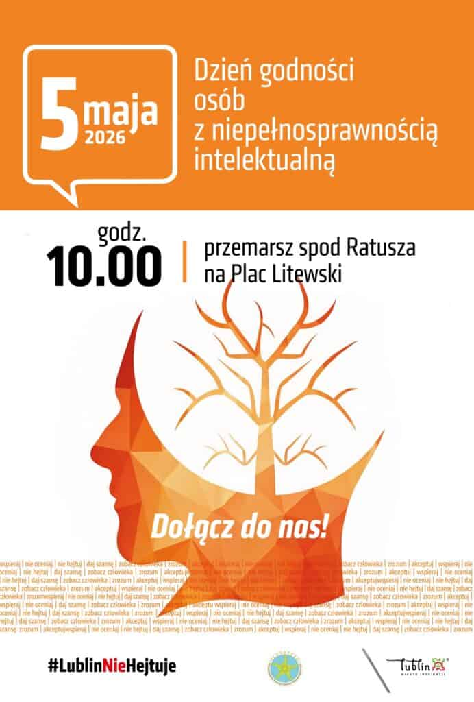 Plakat promujący wydarzenie. Grafika zawiera hasło „Dołącz do nas!”, hashtag #LublinNieHejtuje oraz stylizowany profil ludzkiej głowy z motywem drzewa.