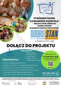 Plakat informacyjny projektu „Kawiarenka Sąsiedzka”. Na plakacie widoczne są zdjęcia osób w różnym wieku wspólnie spędzających czas oraz logotypy.
