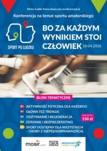 Plakat konferencji. Hasło wydarzenia: „Bo za każdym wynikiem stoi człowiek”. Grafika przedstawia 5 bloków tematycznych (aktywność dla każdego, psychologia, odżywianie, zdrowie oraz sport osób z niepełnosprawnościami) i podaje cenę biletu: 150 zł. Na dole logotypy MOSiR Lublin oraz Motor Lublin Arena.