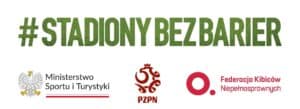 Baner z napisem #STADIONY BEZ BARIER oraz logotypami partnerów: Ministerstwa Sportu i Turystyki, PZPN oraz Federacji Kibiców Niepełnosprawnych.