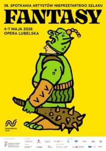 Plakat informacyjny 36. Spotkań Artystów Nieprzetartego Szlaku pod hasłem »FANTASY«. Grafikę stanowi rysunkowa postać zielonego, bajkowego stwora trzymającego maczugę, umieszczona na jaskrawożółtym tle. W dolnej części plakatu znajdują się logotypy organizatorów oraz partnerów wydarzenia.
