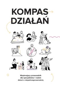 Okładka publikacji „KOMPAS DZIAŁAŃ. Wspierający przewodnik dla specjalistów i rodzin dzieci z niepełnosprawnością”. Grafika zawiera dziewięć minimalistycznych ilustracji przedstawiających różne formy wsparcia: od opieki medycznej i rehabilitacji, po wspólną naukę, zabawę i planowanie drogi rozwoju dziecka.