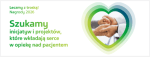 Baner informacyjny „Leczmy z troską! 2026”. Główny tekst głosi: „Szukamy inicjatyw i projektów, które wkładają serce w opiekę nad pacjentem”. Po prawej stronie znajduje się grafika w kształcie serca, wewnątrz której widać dłonie lekarza trzymające dłonie pacjenta.
