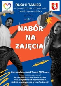 Plakat informujący o naborze na zajęcia „Ruch i taniec". Grafika przedstawia tańczącą parę na niebiesko-pomarańczowym tle oraz logotypy Stowarzyszenia Ósmy Kolor Tęczy i Miasta Lubartów.