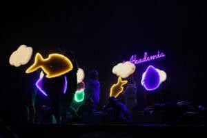 Musical pt. "Witajcie w naszej bajce" w wykonaniu Zespołu Inscenizacji Teatralnych "Uśmiech" z Kielc. Artyści w ciemności unoszą nad głowami różnorodne, świecące rekwizyty: żółte neonowe ryby, różowe neonowe krople i puszyste, jasne chmury. W tle, fioletowy neonowy napis układa się w słowo „Akademia”.
