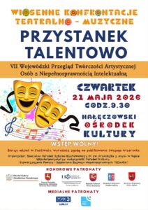 Plakat zapraszający na „Wiosenne Konfrontacje Teatralno-Muzyczne – Przystanek Talentowo”. Po lewej stronie znajdują się dwie żółte maski teatralne i nuty na kolorowym tle. Na dole umieszczono logotypy organizatorów oraz patronatów honorowych i medialnych.