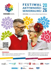 Plakat promujący wydarzenie. Centralną część grafiki zajmuje zdjęcie uśmiechniętej, nowocześnie i stylowo ubranej pary seniorów, otoczonej kolorowymi motywami kwiatowymi. Plakat zawiera ramowy program (przemarsz, konkurencje sportowe, przegląd artystyczny i potańcówkę), kod QR, adres strony internetowej www.mosir.lublin.pl oraz logotypy organizatorów i partnerów.