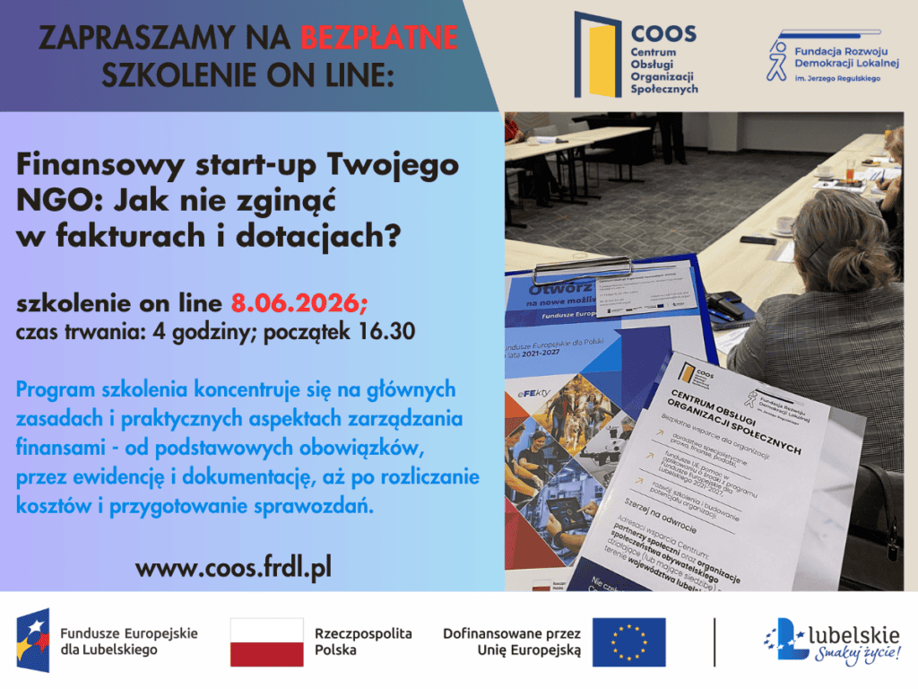 Plakat promujący bezpłatne szkolenie online z zarządzania finansami dla NGO pt. "Finansowy start-up Twojego NGO", organizowane przez COOS i FRDL