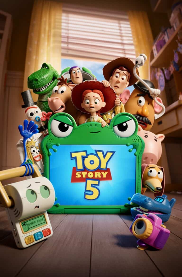 Plakat filmu „Toy Story 5”. Klasyczne zabawki, w tym Chudy, Buzz Astral i Jessie, spoglądają z niepokojem zza zielonego tabletu dziecięcego, na którego ekranie wyświetla się tytuł filmu.