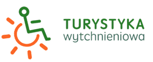 Logo z napisem „TURYSTYKA wytchnieniowa”. Po lewej stronie znajduje się sygnet łączący zielony symbol osoby na wózku inwalidzkim z pomarańczowym słońcem.